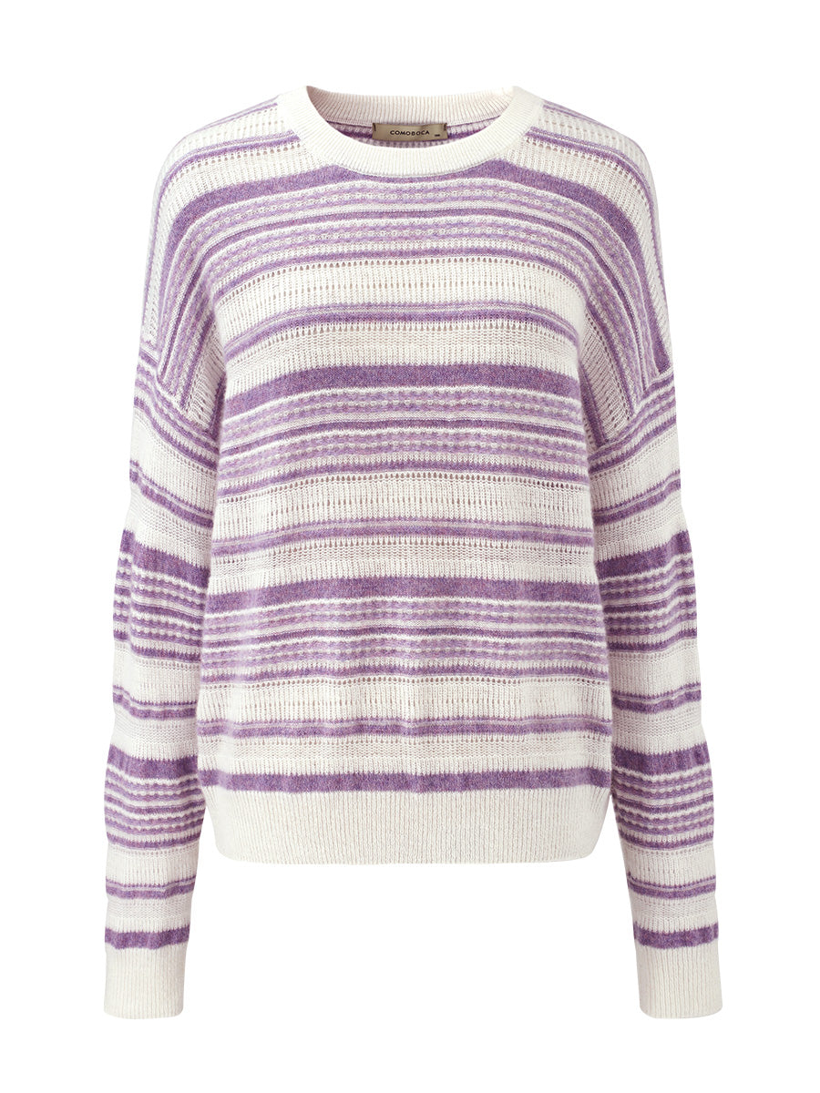 COMOBOCA 100% Cashmere Women's Striped Knit Round Neck Sweater