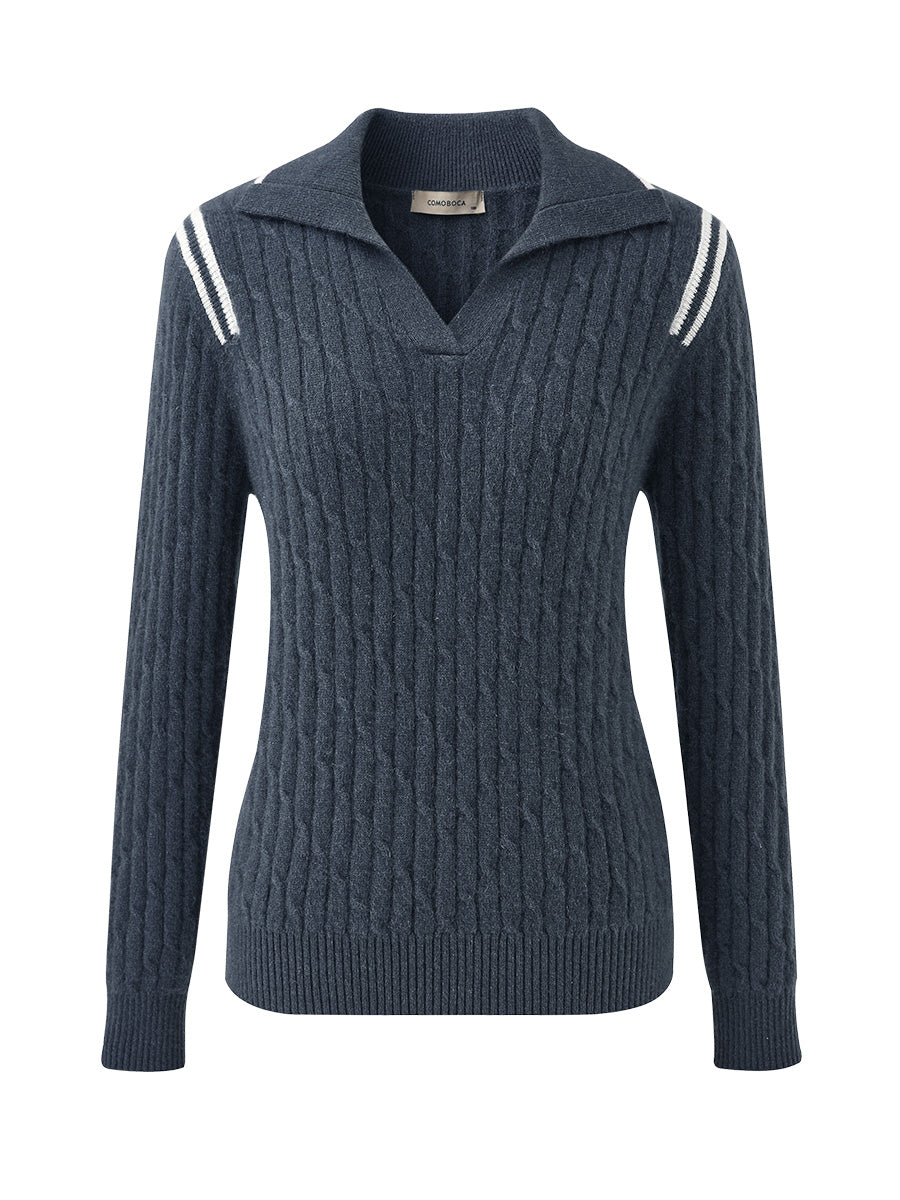 COMOBOCA 100% Cashmere Women's Cable Knit Polo Neck Sweater