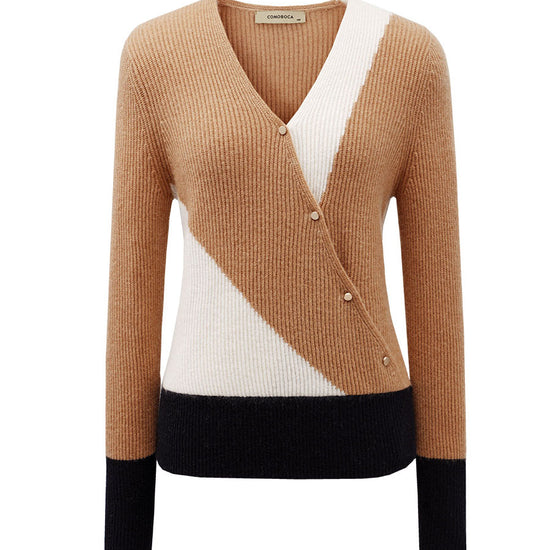 COMOBOCA 100% Cashmere Women's V-Neck Color Block Faux Sweater