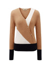 COMOBOCA 100% Cashmere Women's V-Neck Color Block Faux Sweater
