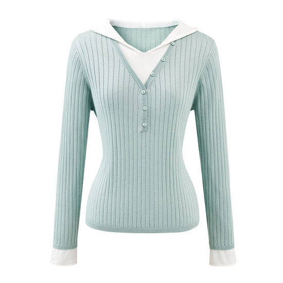 COMOBOCA Women's Layered Ribbed Knit Hooded Henley Top