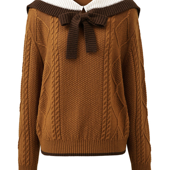 COMOBOCA 100% Wool Women's Cable Knit Sweater with Bow Collar