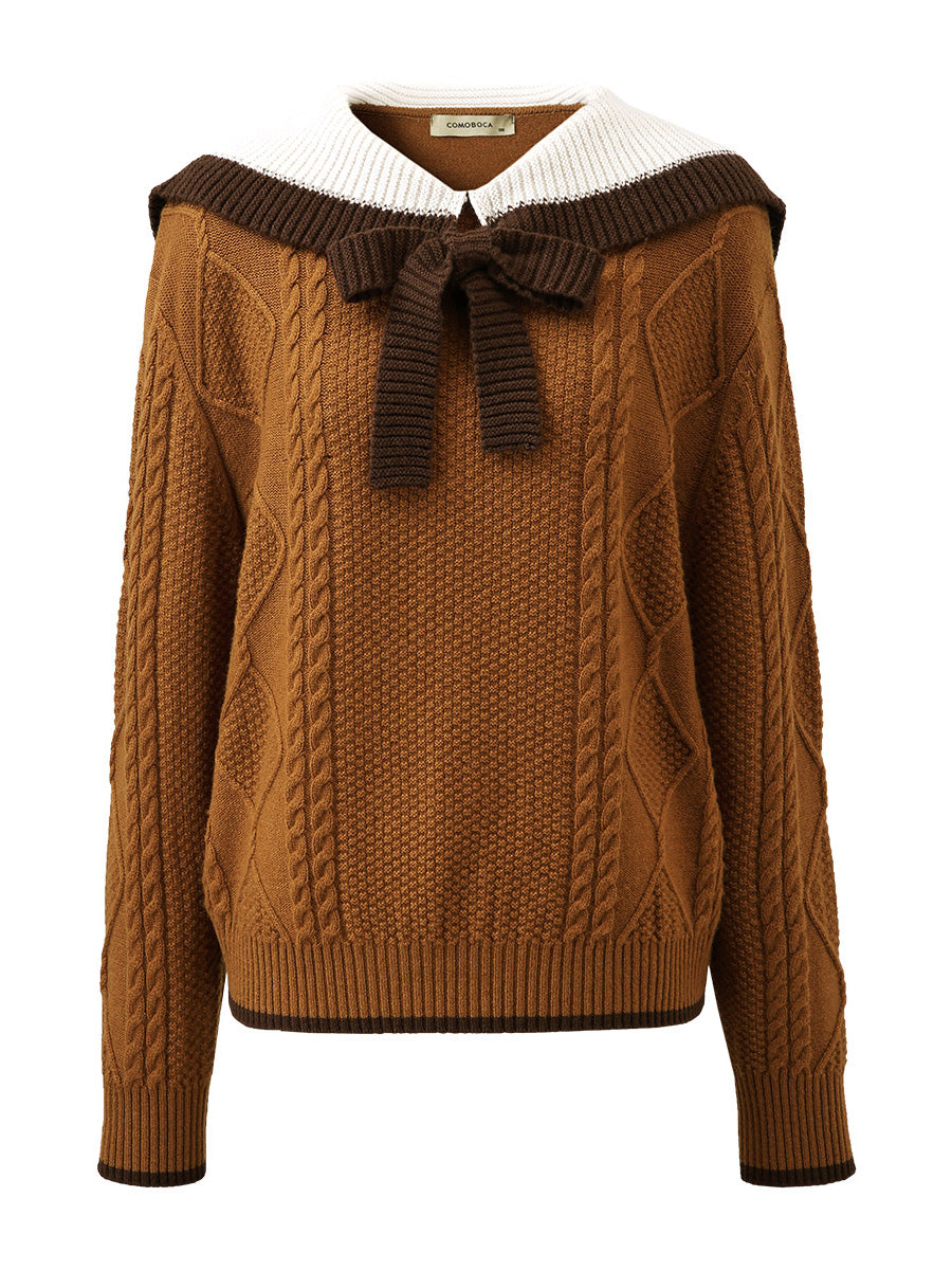 COMOBOCA 100% Wool Women's Cable Knit Sweater with Bow Collar