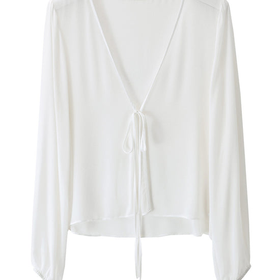 COMOBOCA 100% Mulberry Silk Women's Tie-Front Blouse