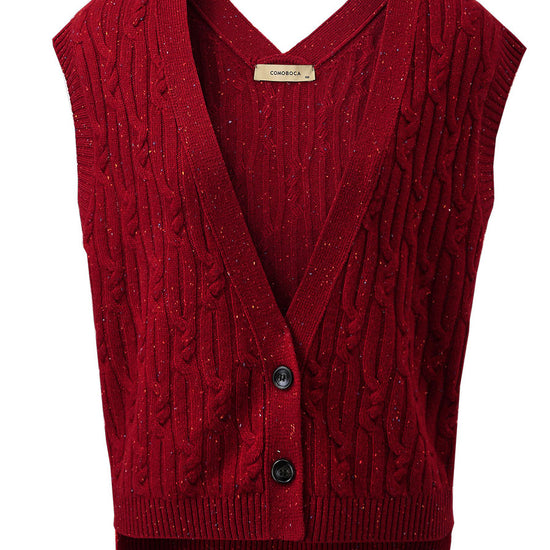 COMOBOCA 100% Wool Women's Cable Knit Button-Front Vest