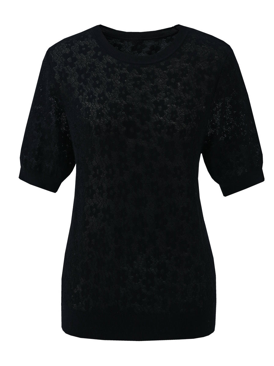 COMOBOCA Women's Cotton Silk Versatile Floral Lace Knit T-Shirt