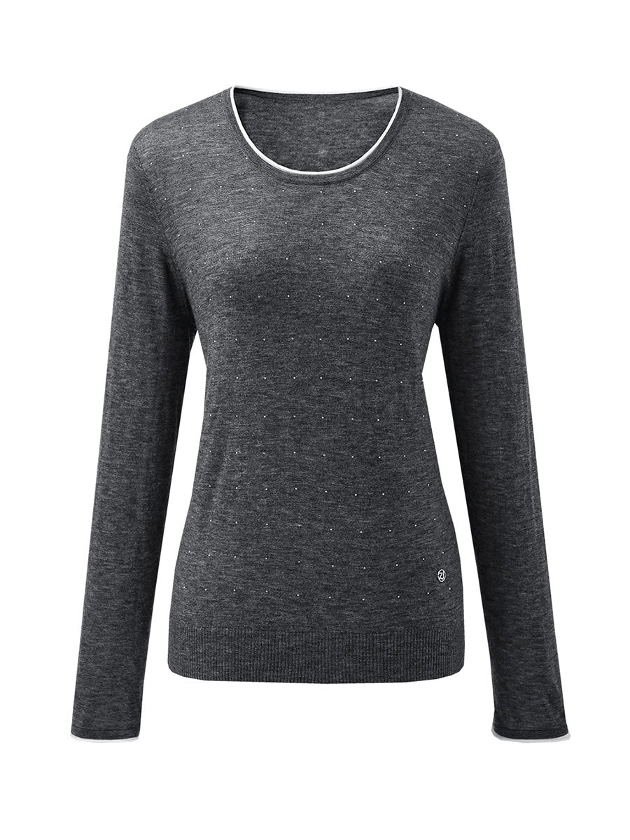 COMOBOCA Women's Rhinestone Detail Crewneck Knit Sweater