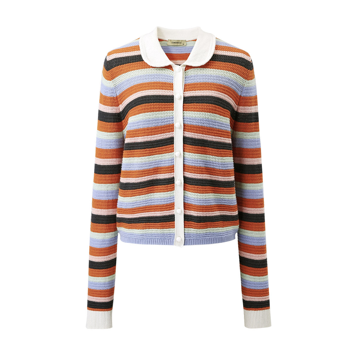 COMOBOCA Orange Blue 100% Cashmere Striped Knit Cardigan with Contrast Collar
