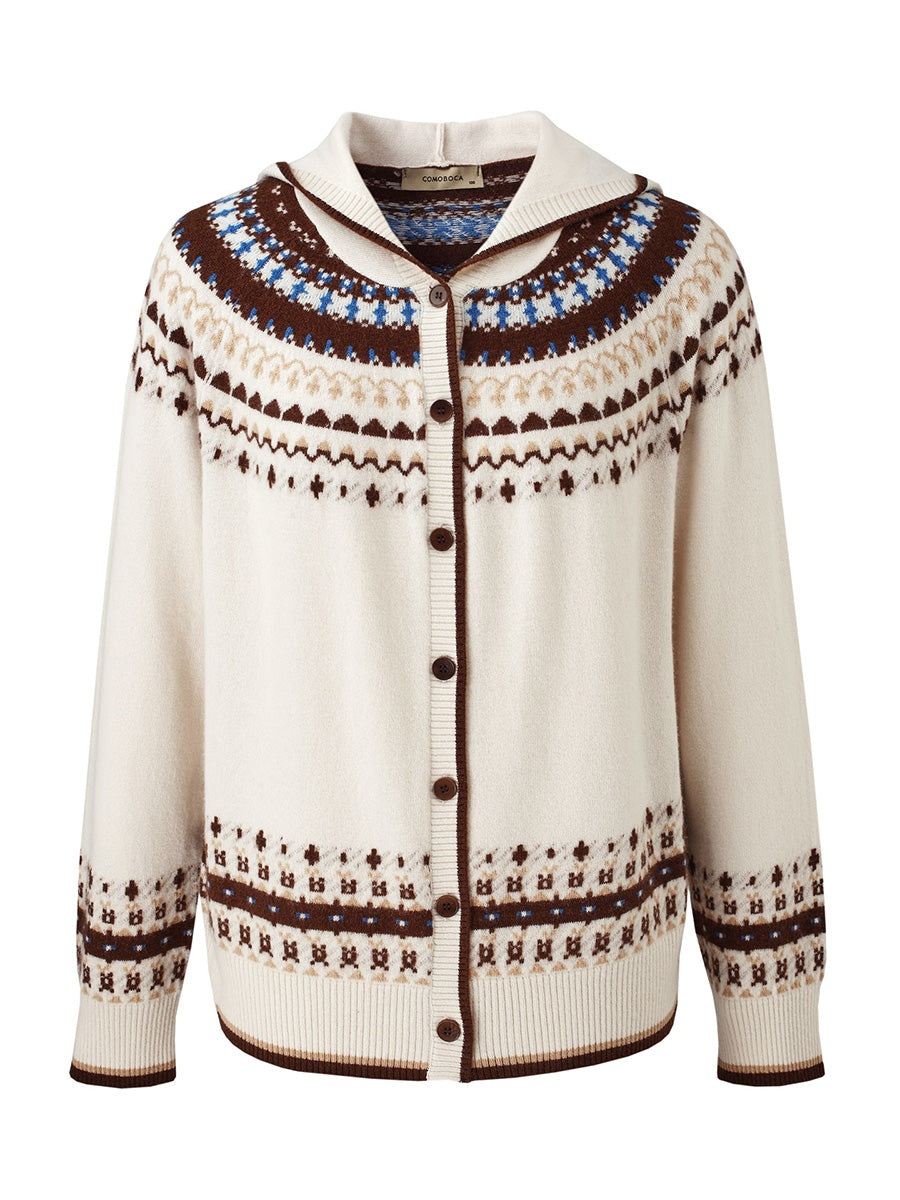 COMOBOCA 100% Wool Women's Fair Isle Knit Hoodie