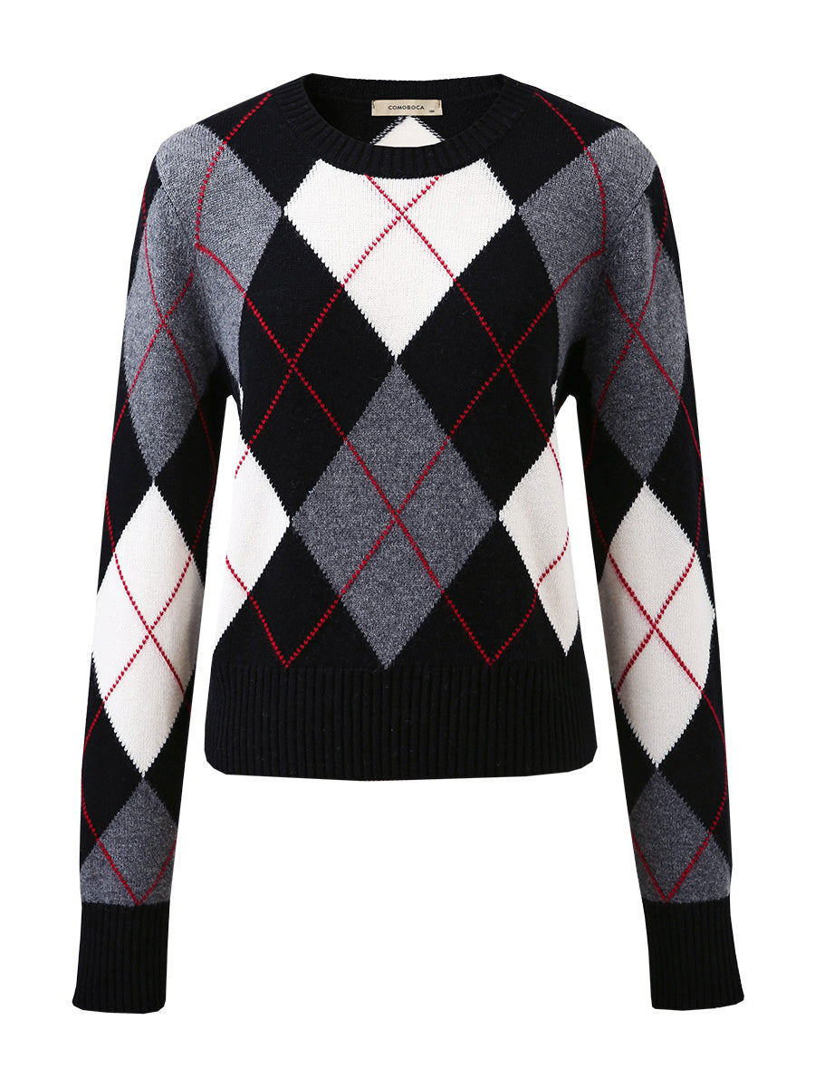 COMOBOCA 100% Wool Women's Argyle Pattern Knit Sweater