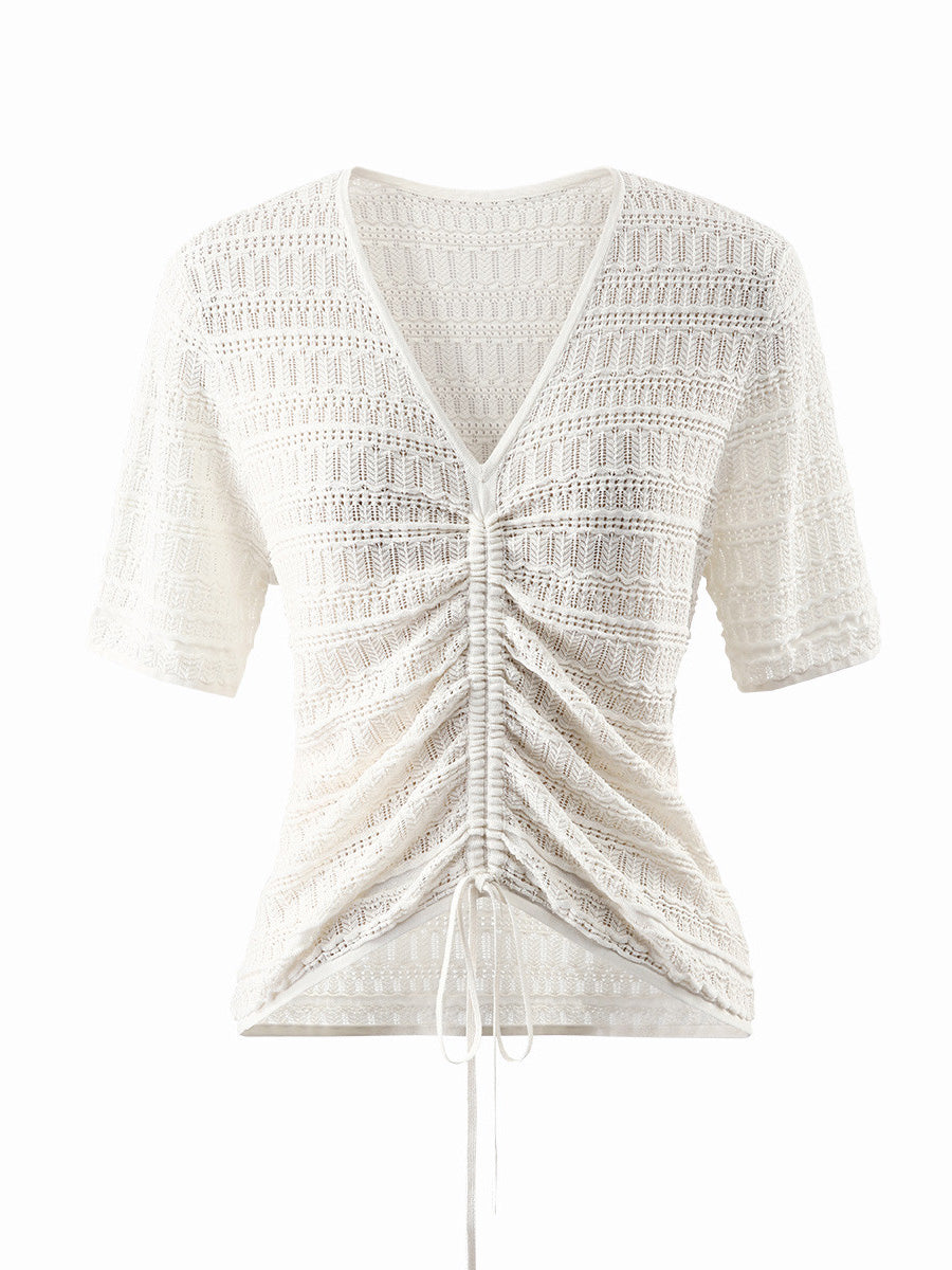 COMOBOCA Women's V-Neck Ruched Knit T-Shirt