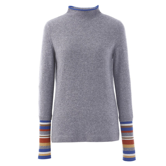 COMOBOCA 100% Cashmere Women's Knit Sweater with Colorful Cuffs