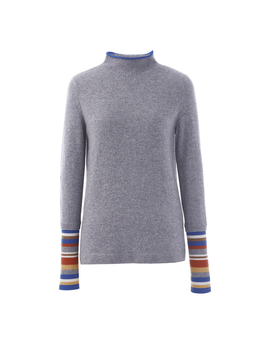 COMOBOCA 100% Cashmere Women's Knit Sweater with Colorful Cuffs