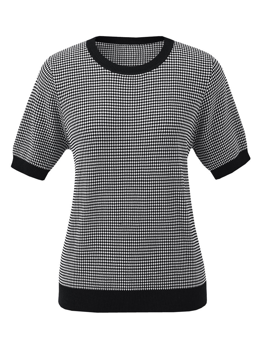 COMOBOCA Women's Houndstooth Pattern Knit T-Shirt