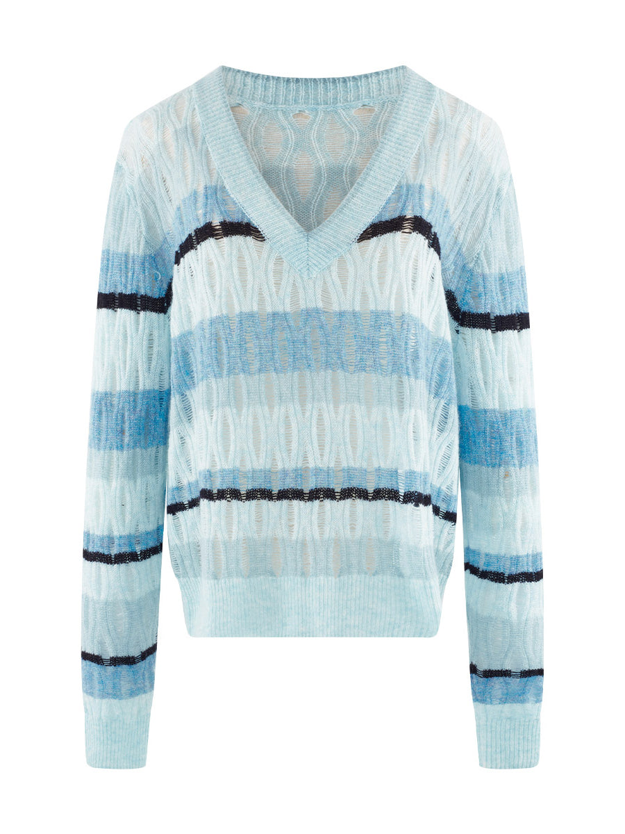 COMOBOCA 100% Cashmere Women's Striped V-Neck Knit Sweater