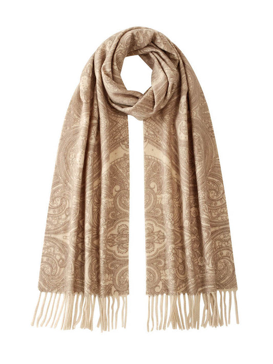 COMOBOCA Beige 100% Cashmere Women's Paisley Pattern Fringed Scarf
