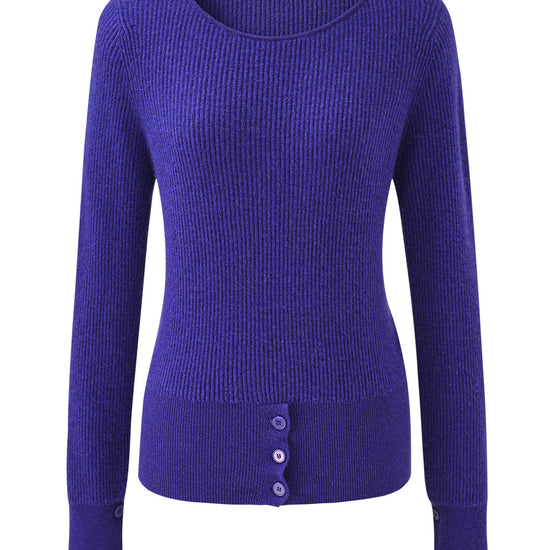 COMOBOCA 100% Cashmere Women's Round Neck Button Ribbed Knit Sweater