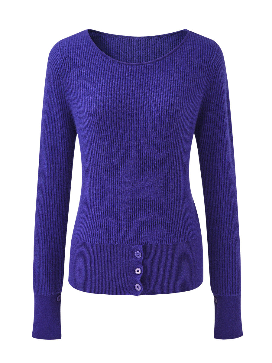 COMOBOCA 100% Cashmere Women's Round Neck Button Ribbed Knit Sweater