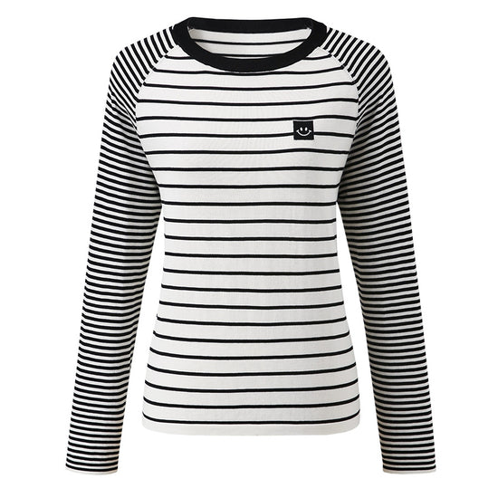 COMOBOCA Women's Cotton Silk Striped Smiley Patch T-Shirt Knit Sweater