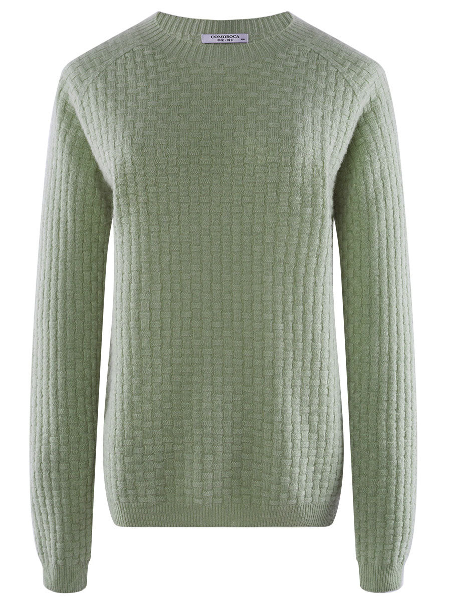 COMOBOCA Light Green 100% Cashmere Women's Round Neck Ribbed Knit Sweater
