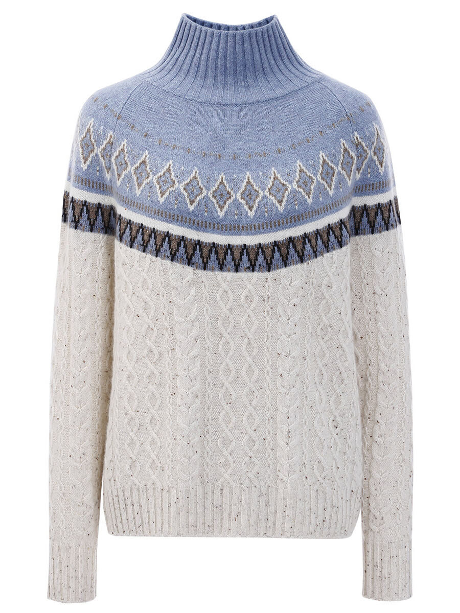 100% Cashmere Women's Mock Neck Fair Isle Cable Knit Sweater