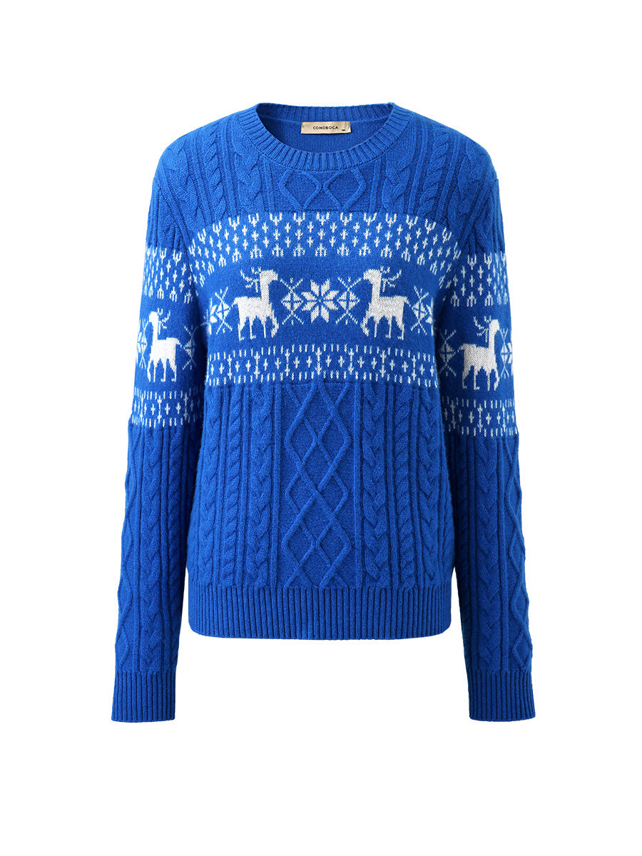 100% Cashmere Women's Cozy Reindeer Fair Isle Knit Sweater – COMOBOCA