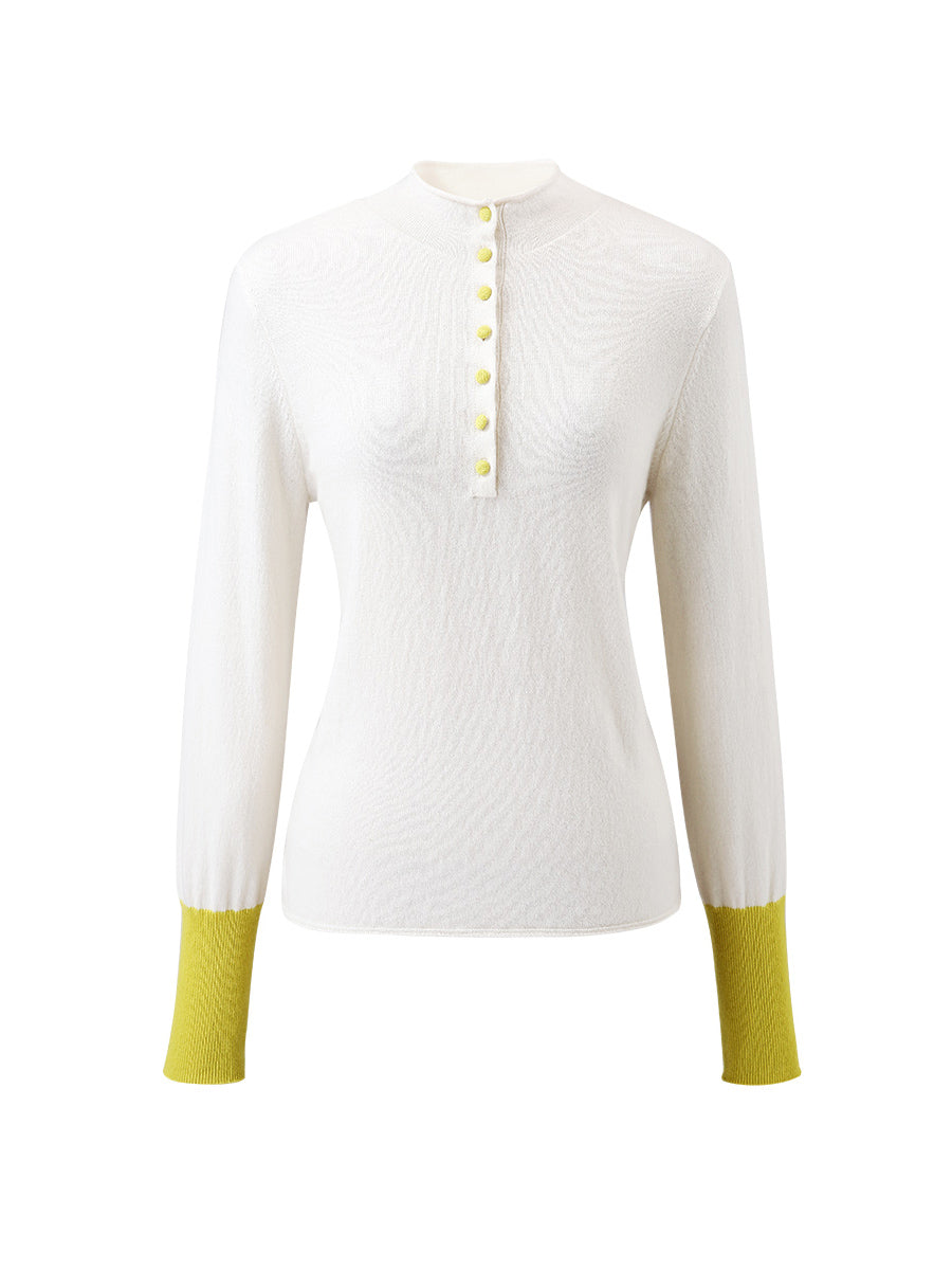 COMOBOCA 100% Cashmere Women's Button Down Contrast Cuff Knit Sweater