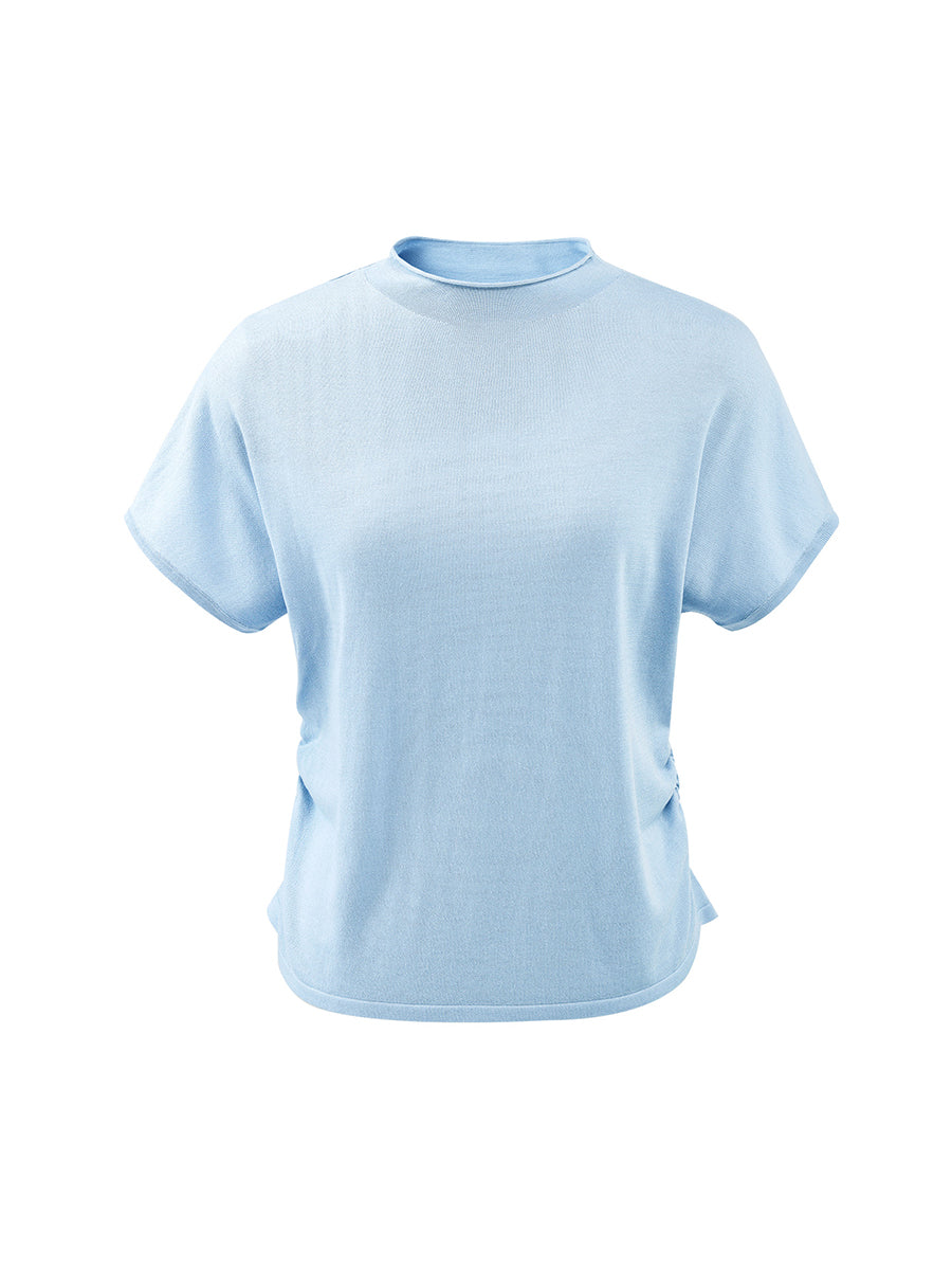 COMOBOCA Women's Side Ruched Mock Neck Knit T-Shirt