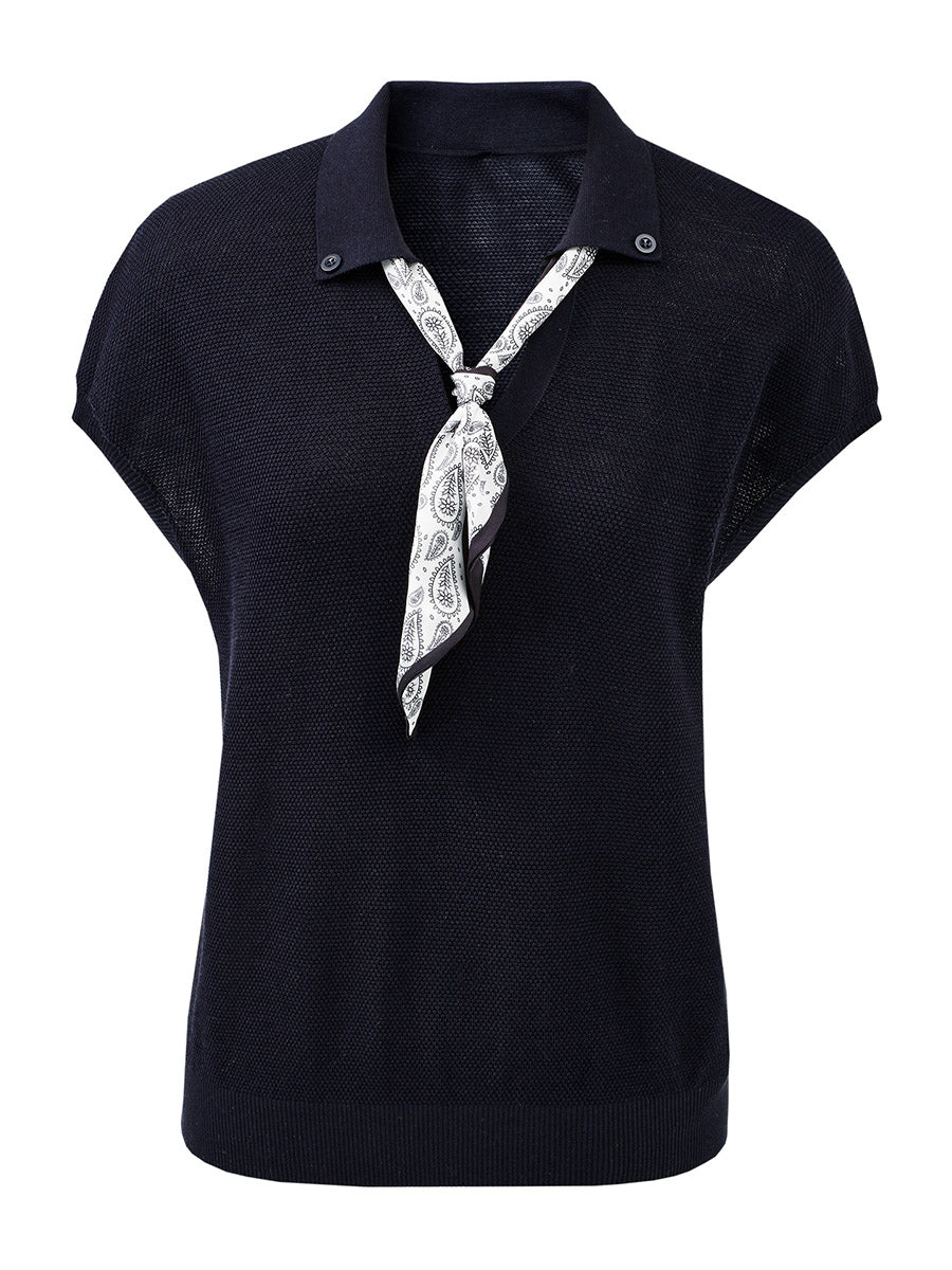 COMOBOCA Women's Paisley Scarf Polo Collar Waffle Knit T-Shirt