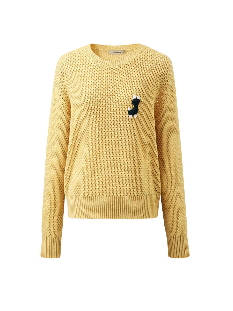 COMOBOCA 100% Wool Women's Embroidered Patch Knit Sweater