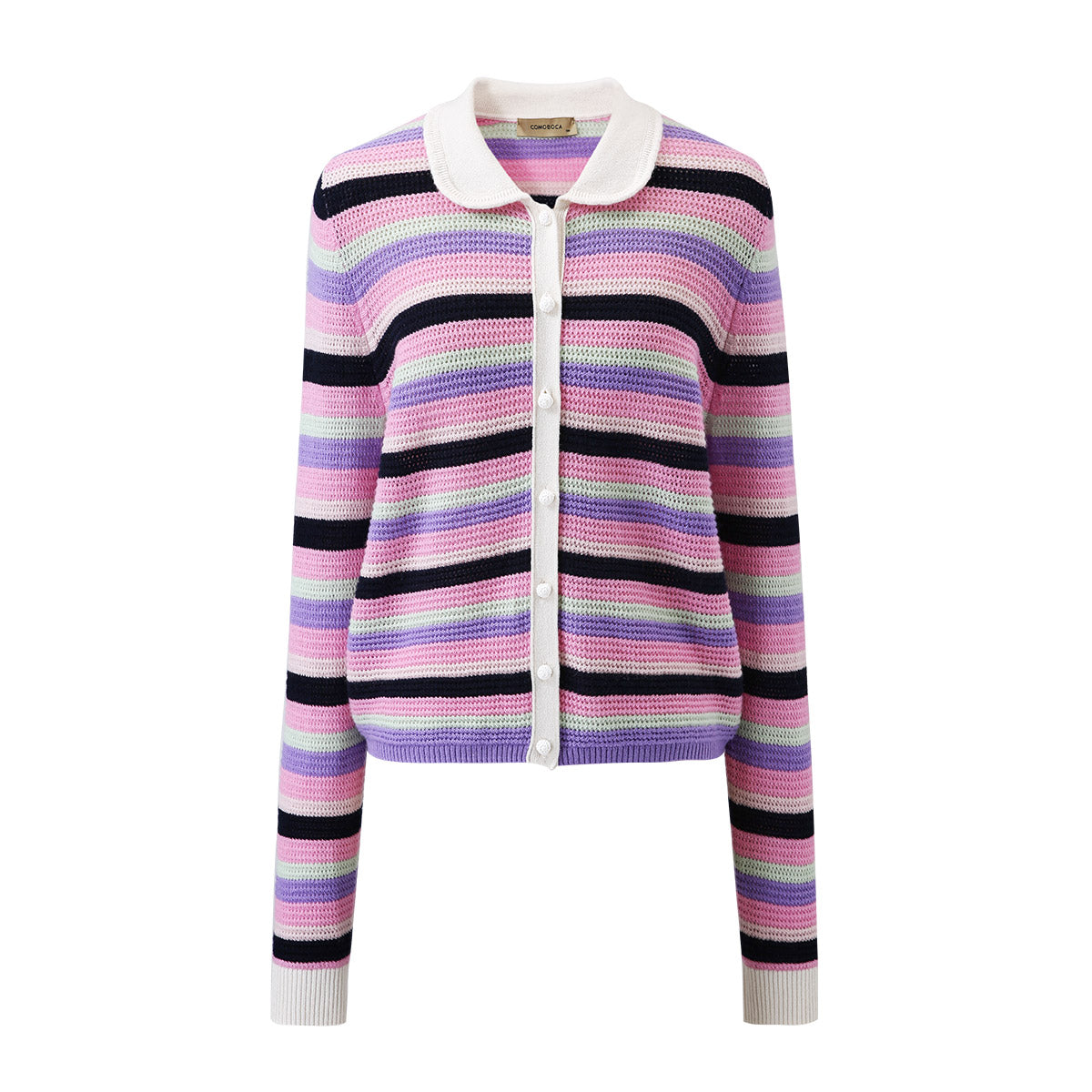 COMOBOCA Pinkish Purple 100% Cashmere Striped Knit Cardigan with Contrast Collar