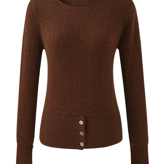 COMOBOCA 100% Cashmere Women's Round Neck Button Ribbed Knit Sweater