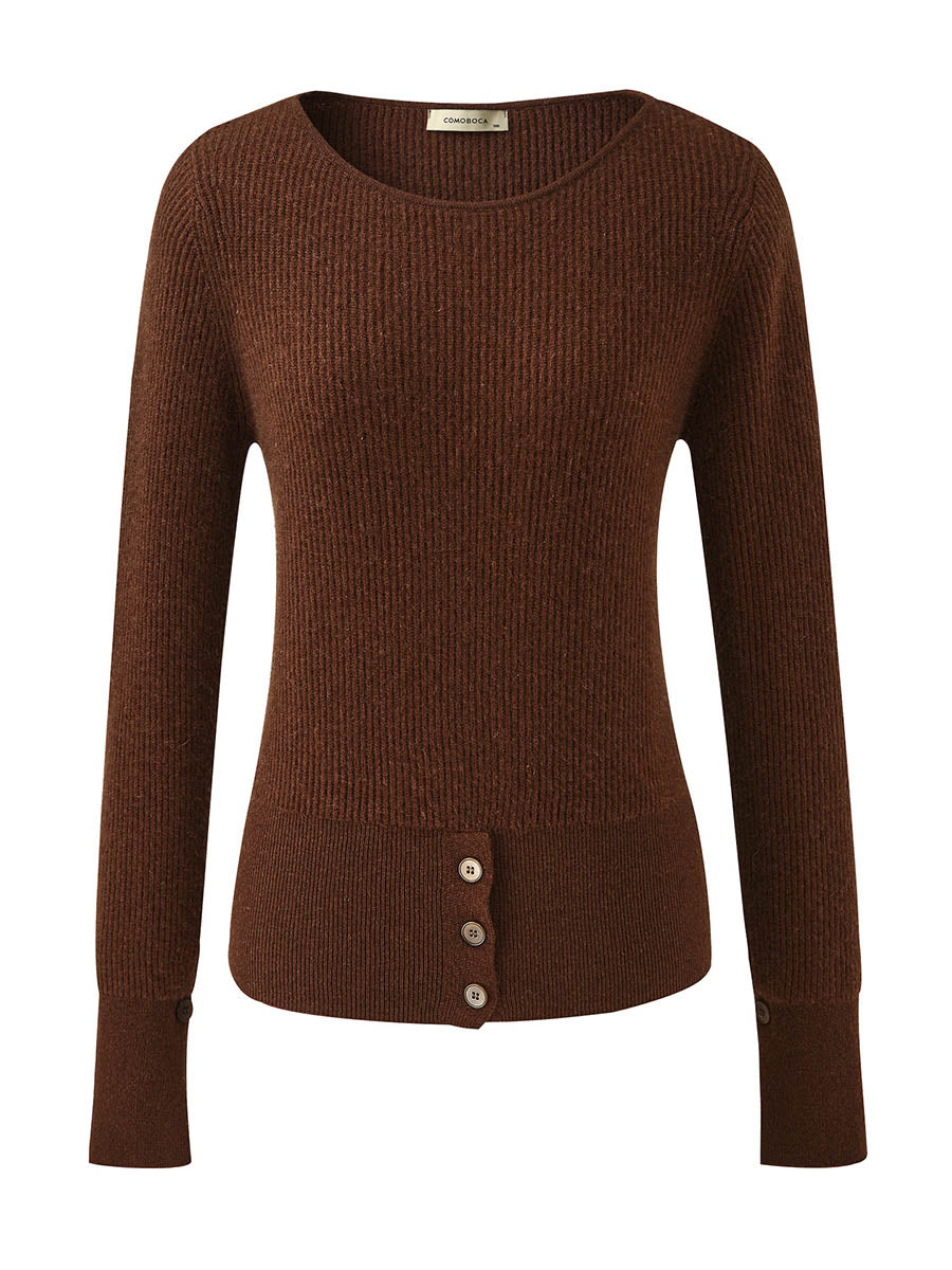 COMOBOCA 100% Cashmere Women's Round Neck Button Ribbed Knit Sweater