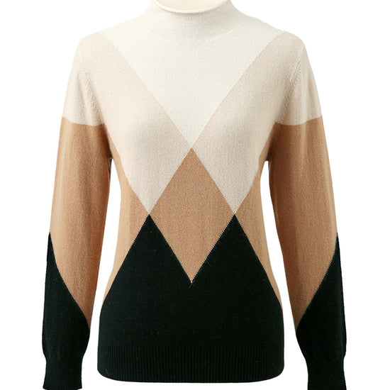 COMOBOCA 100% Cashmere Women's Turtleneck Geometric Ribbed Sweater