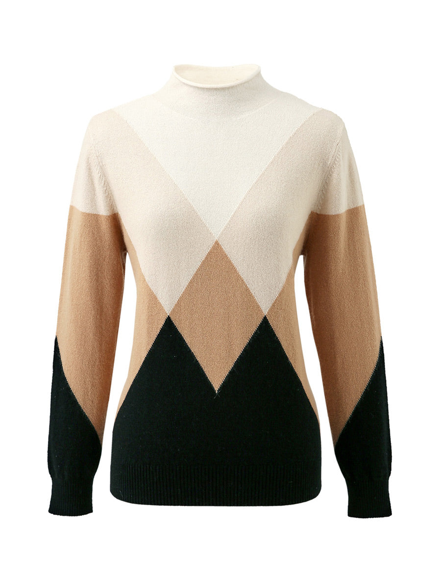 COMOBOCA 100% Cashmere Women's Turtleneck Geometric Ribbed Sweater