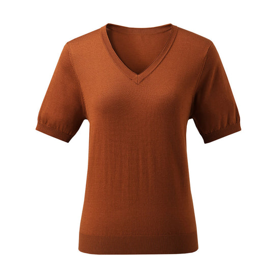 COMOBOCA Women's Lyocell V-Neck Ribbed Knit T-Shirt