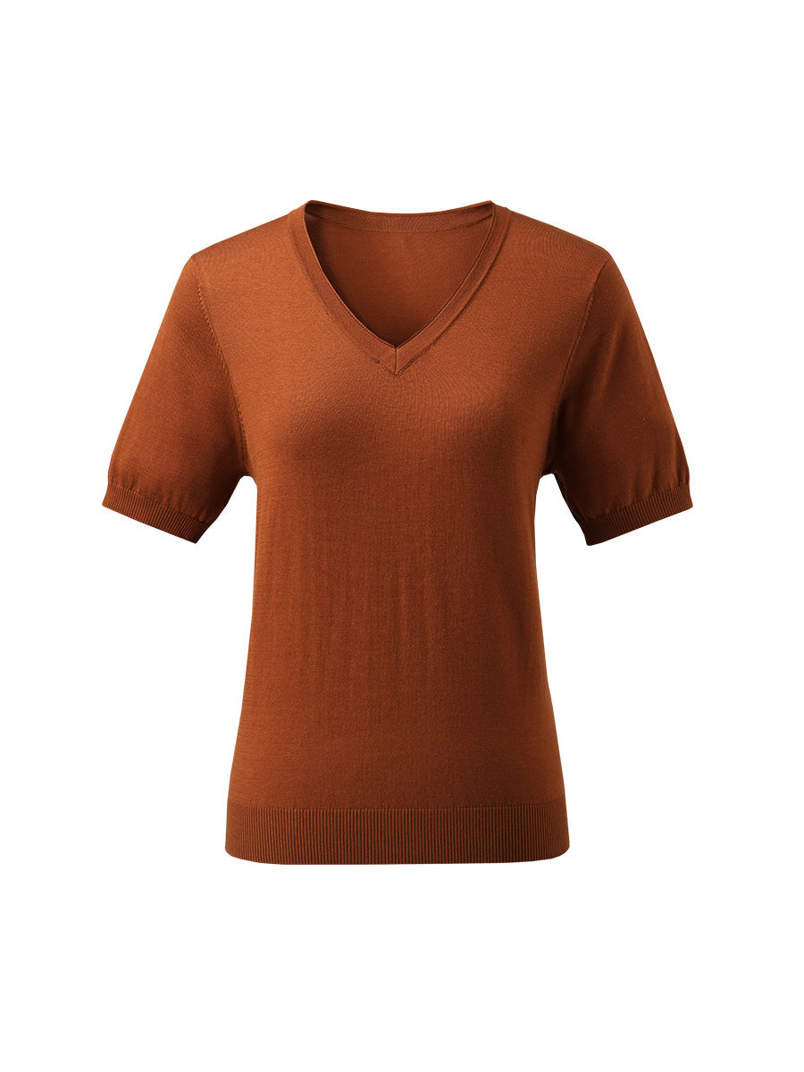 COMOBOCA Women's Lyocell V-Neck Ribbed Knit T-Shirt