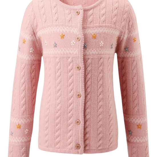 COMOBOCA 100% Wool Kid's Floral Embroidered Cable Knit Cardigan