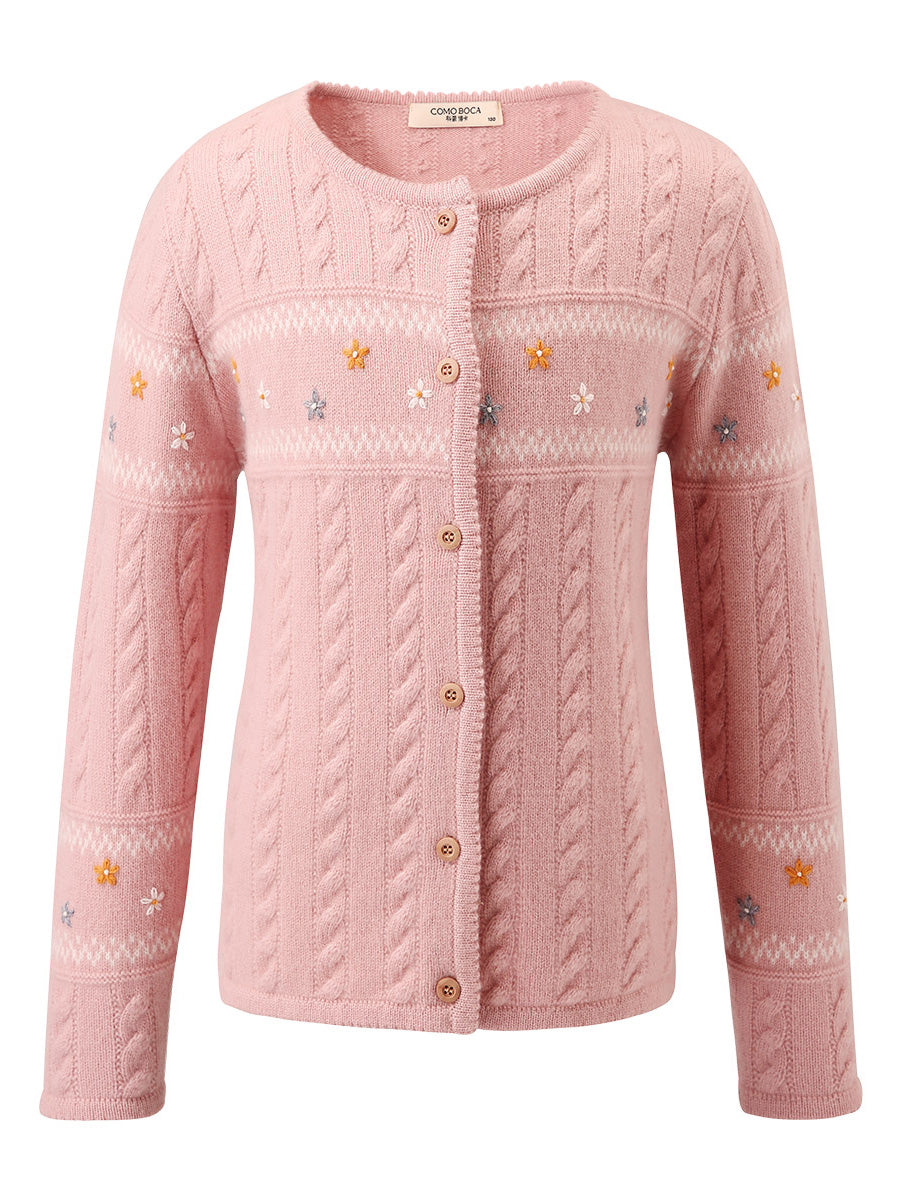 COMOBOCA 100% Wool Kid's Floral Embroidered Cable Knit Cardigan