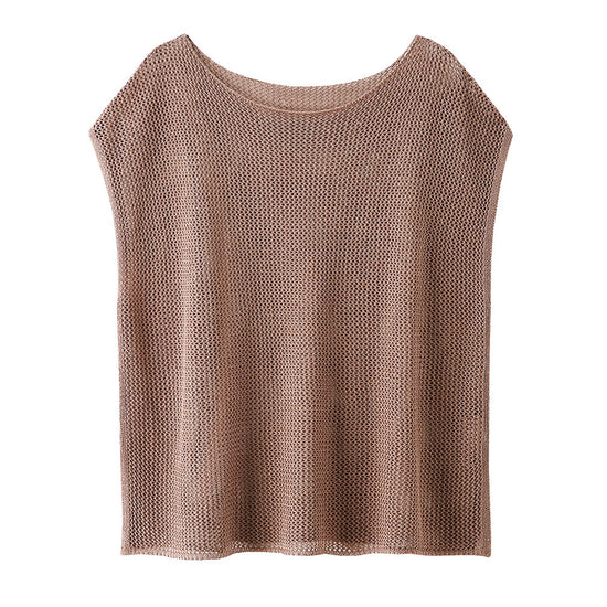 COMOBOCA Women's Sheer Mesh Knit Cap Sleeve Top with Side Slit