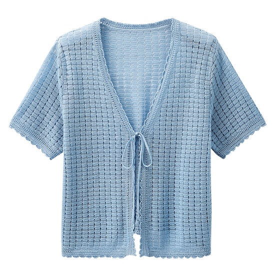 COMOBOCA Women's Linen Crochet Tie Short Sleeve Cardigan