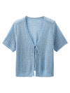 COMOBOCA Women's Linen Crochet Tie Short Sleeve Cardigan