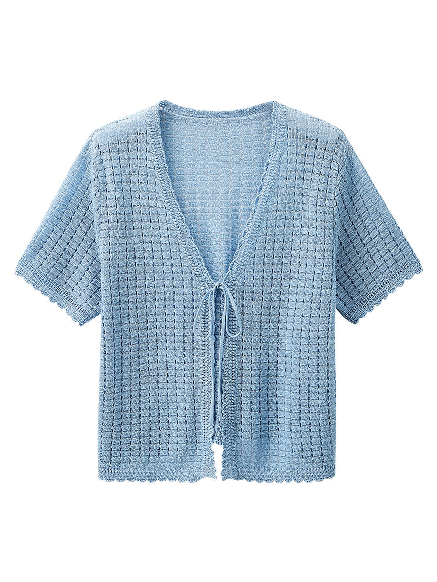 COMOBOCA Women's Linen Crochet Tie Short Sleeve Cardigan