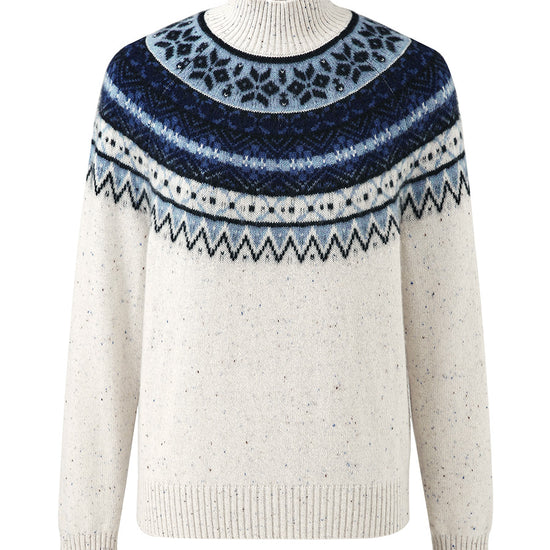 COMOBOCA 100% Cashmere Women's Fair Isle Mock Neck Sweater