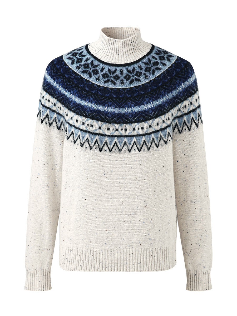COMOBOCA 100% Cashmere Women's Fair Isle Mock Neck Sweater