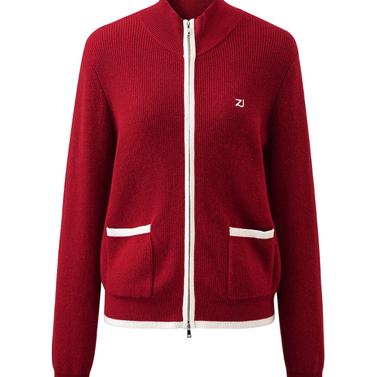 COMOBOCA 100% Cashmere Women's Contrast Trim Dual Zip Pocket Cardigan