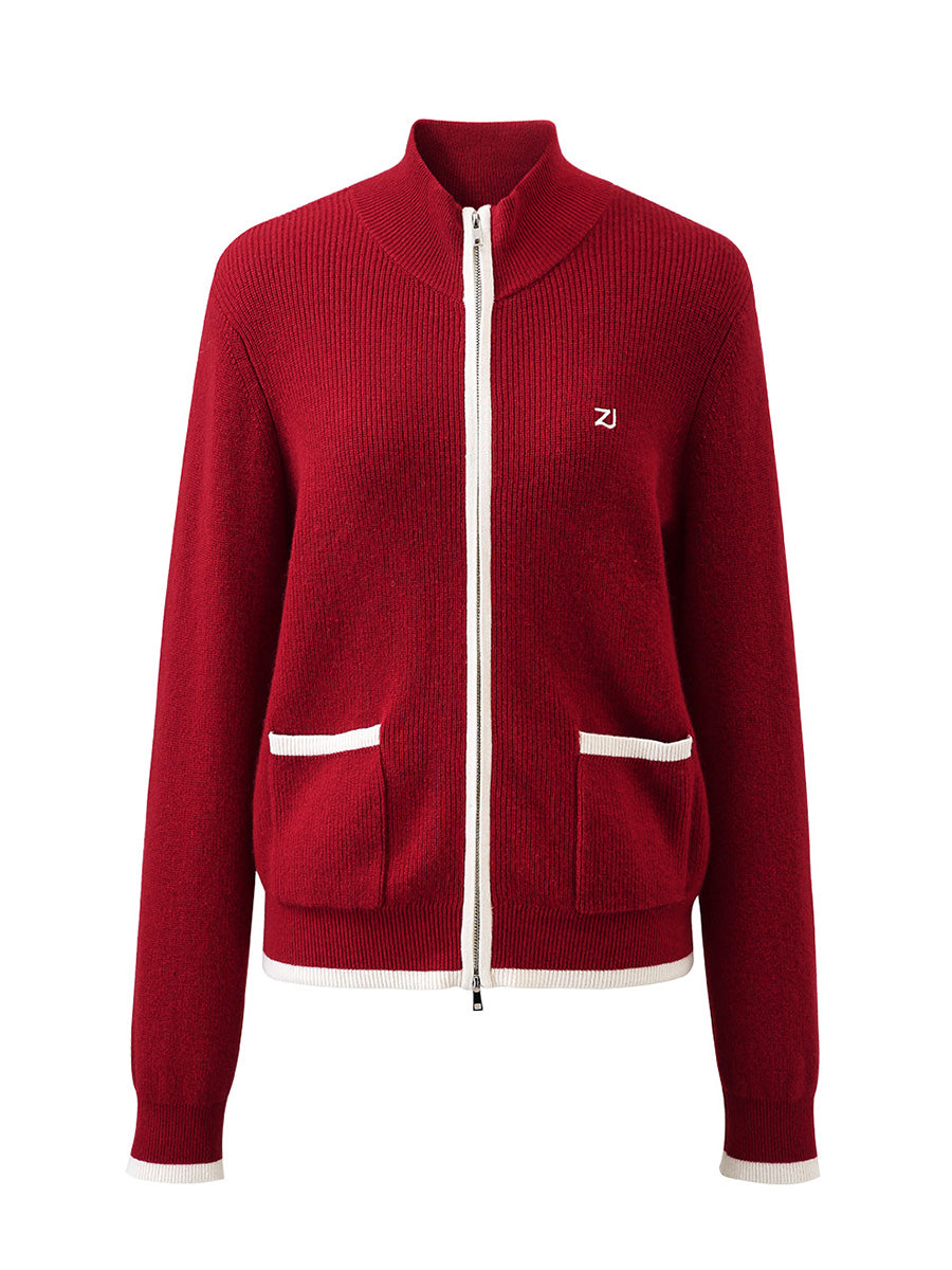 COMOBOCA 100% Cashmere Women's Contrast Trim Dual Zip Pocket Cardigan