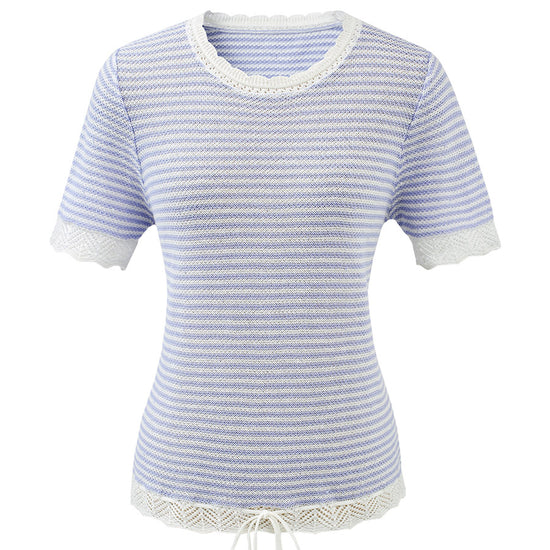 COMOBOCA Women's Drawstring Striped Lace Trim Knit T-Shirt