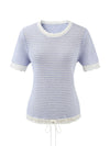 COMOBOCA Women's Drawstring Striped Lace Trim Knit T-Shirt