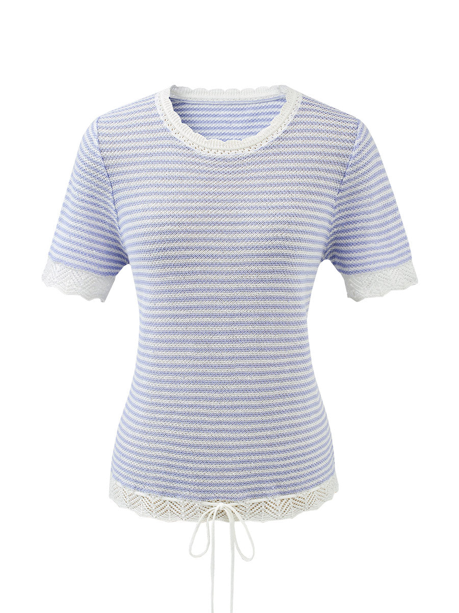 COMOBOCA Women's Drawstring Striped Lace Trim Knit T-Shirt